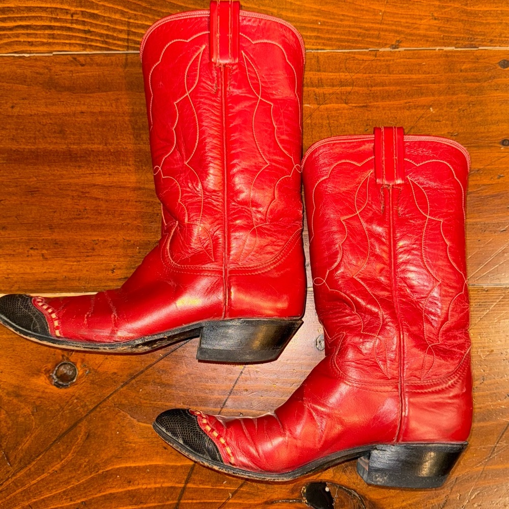Vintage Tony Lama- Red Genuine Leather Cowboy Boots- size 6W